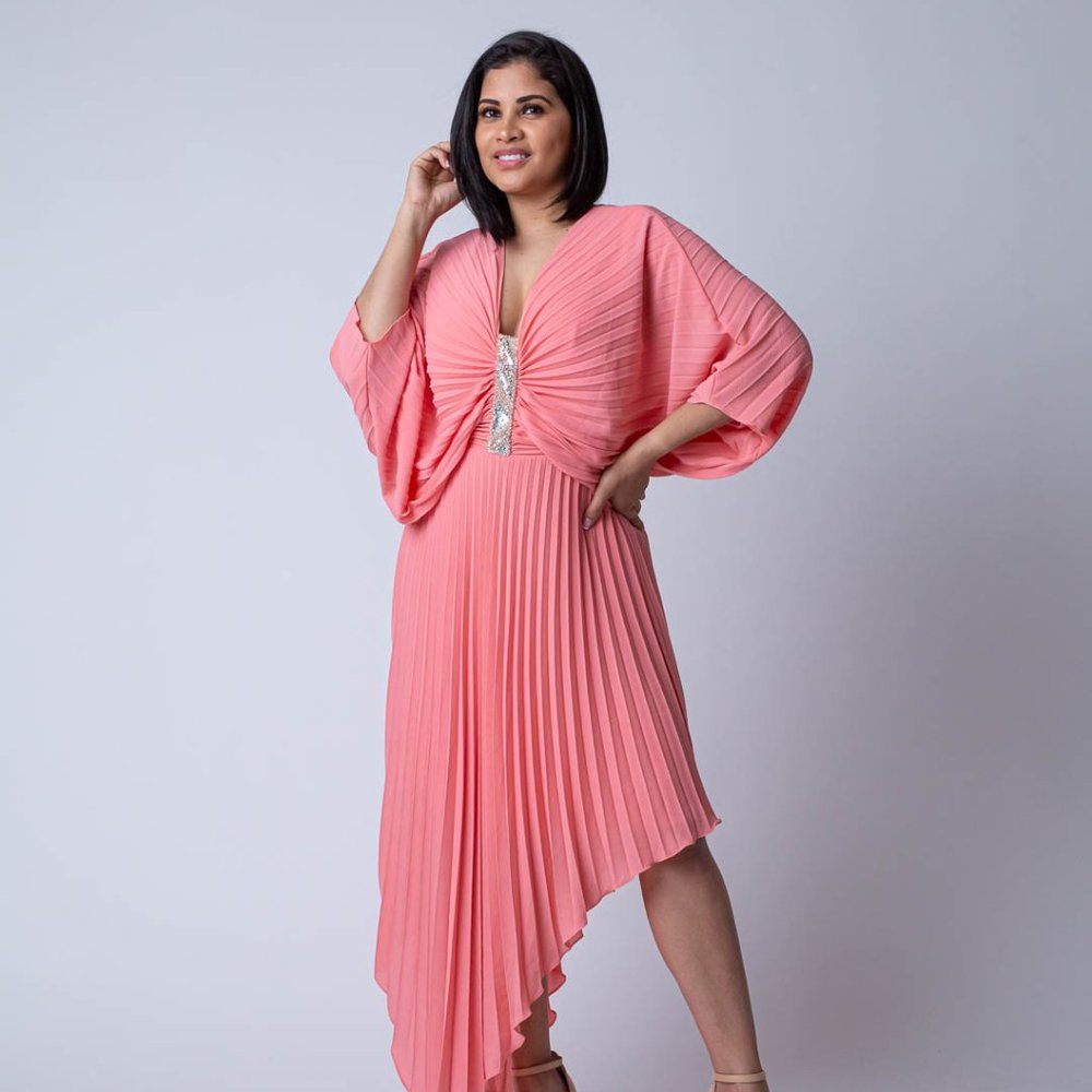 Peach Midi Dress with Asymmetrical hem